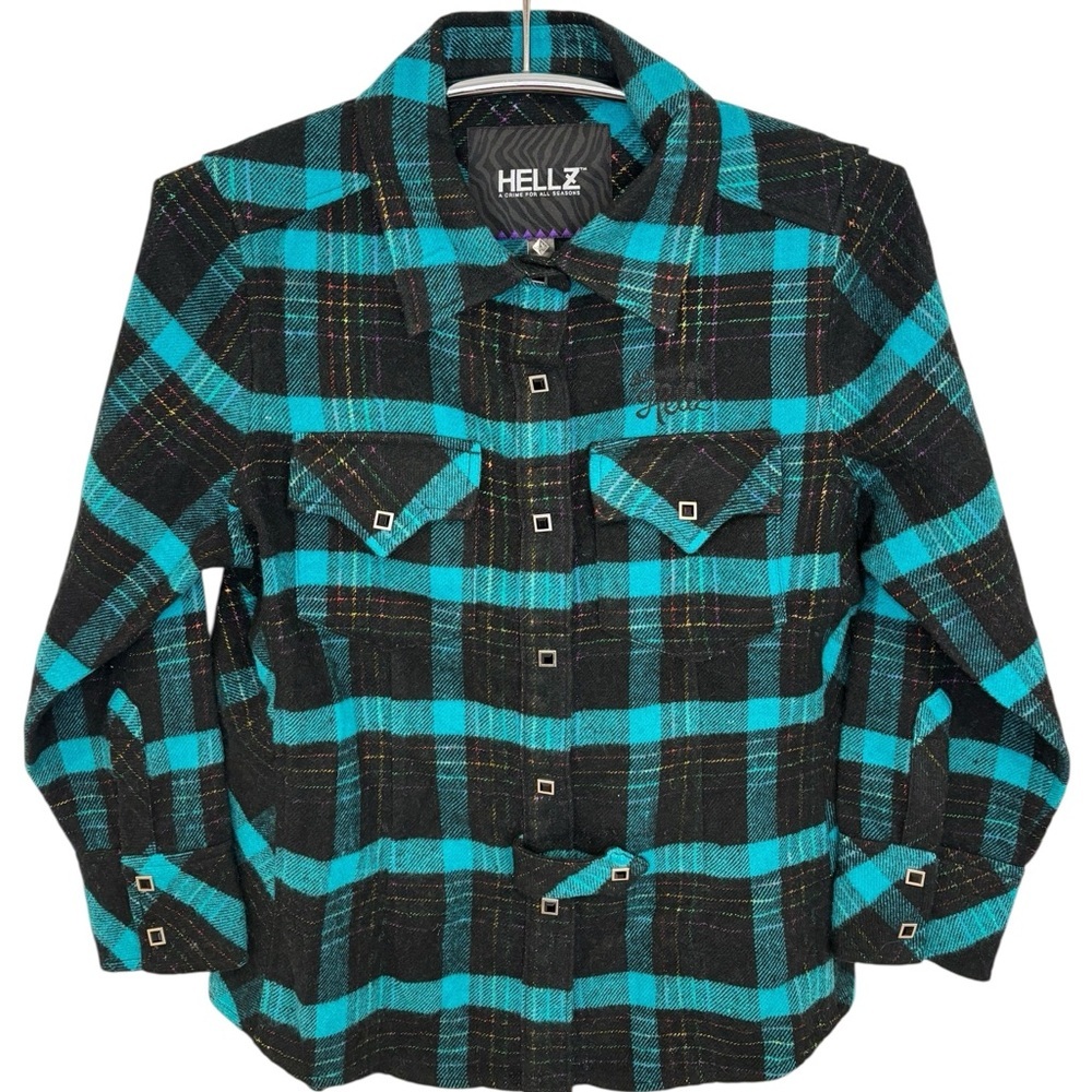 NWT HELLZ TEAL BLACK PLAID COLLARED BUTTON UP LONG SLEEVE 100% COTTON, SMALL